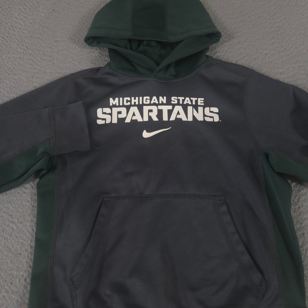 Nike Hoodie Kids Small Gray Green Therma-FIT Performance Pullover MSU Spartans